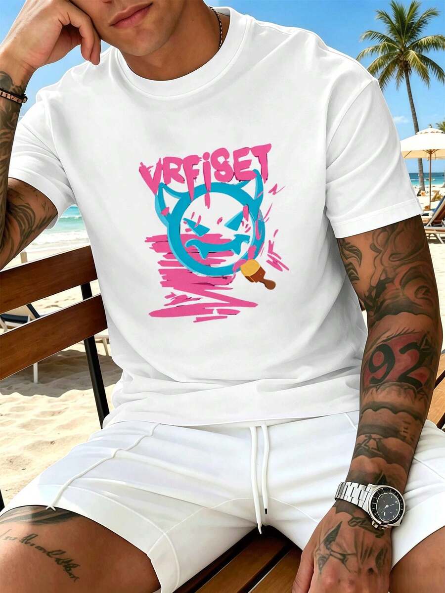 Men's T-Shirt With Beach Cat Print For Autumn, 100% Cotton, Loose Fit, Casual, Breathable. - White - View 1