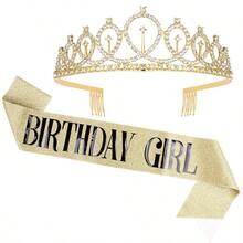 1組粉色生日女孩水鑽皇冠髮箍套組 生日派對配件 - 金色 - 查看 11