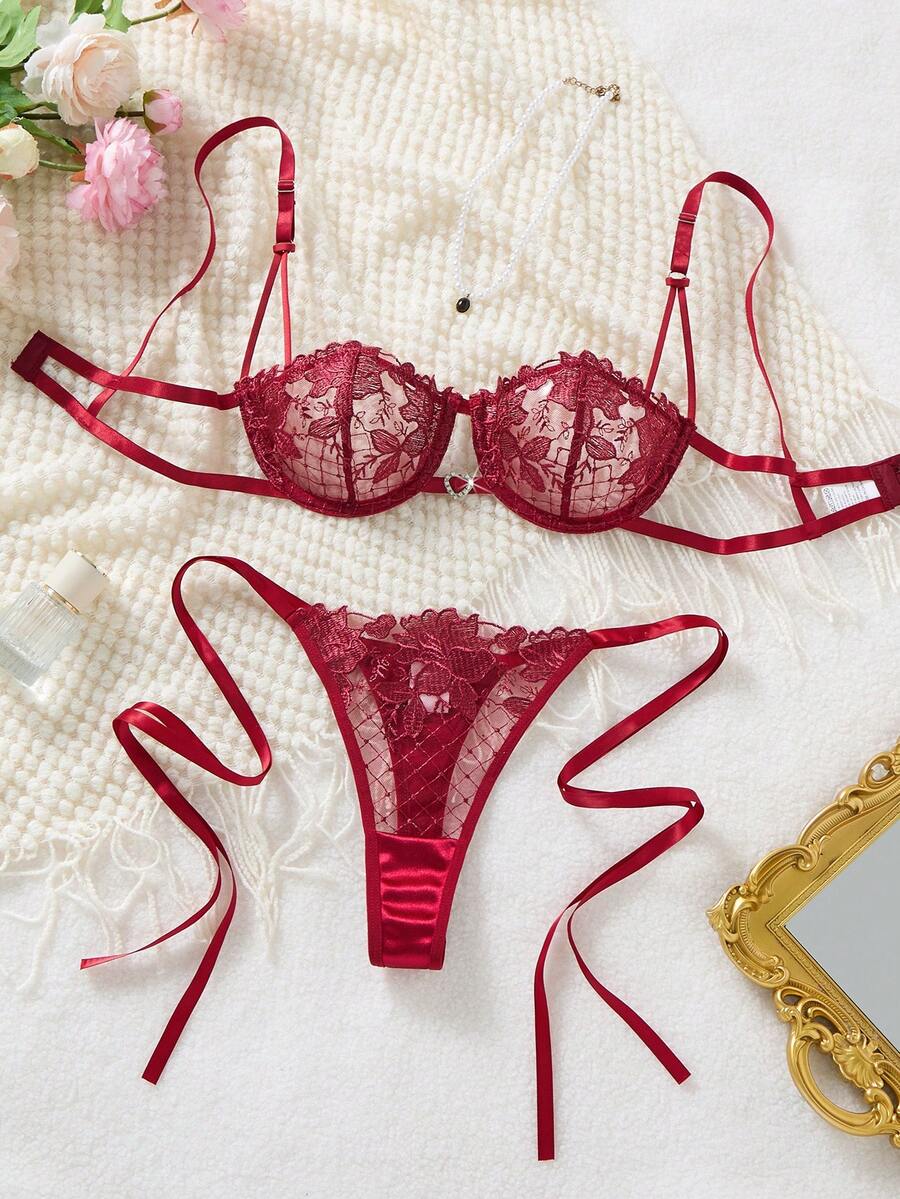 1套2件組女款棕紫色可愛蝴蝶結刺繡內衣套裝,舒適優雅超短上衣與丁字褲 - 酒紅色 - 查看 1