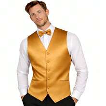 Sizes XS To 6XL Men's 3-Piece Tuxedo Vest Set – Satin Waistcoat With Bow Tie And Pocket Square For Wedding, Prom, Formal Events - 蜂蜜金芥末 - 查看 1