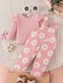 Baby Girl 2 Pieces Sweet Outfit, Ribbed Knit Ruffle Long Sleeve Top And Daisy Floral Print Adjustable Strap Overalls, Toddler Daily Wear Set, Comfortable Outfit - Pink - View 2