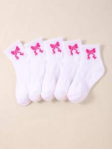 5 Pairs White Children's Bow Socks - Breathable & Fashionable, Suitable For 1-16 Years Old Kids, Daily Wear, All Seasons (Spring, Summer, Autumn, Winter) - White - View 9