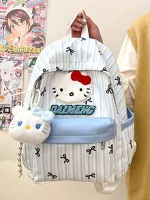 Sanrio Hello Kitty Towel Embroidery Backpack, Pink & White Striped Bow Print, Student School Bag, Large Capacity Lightweight Nylon Backpack For Daily Commute And Travel - Multicolor - View 3
