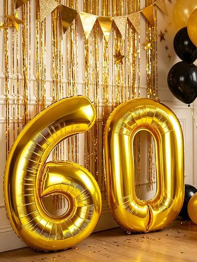 2件組 32英吋金色數字60鋁箔氣球，適用於週年裝飾、60歲生日慶祝、60週年裝飾、主題派對佈置