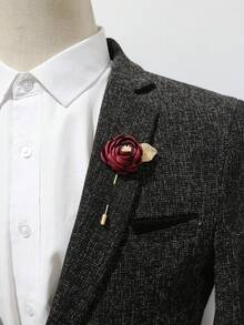 1pc Burgundy Men's Formal Business Brooch, Groom Groomsman Wedding Lapel Pin, Suitable For Clothing, Bags, Backpacks Decoration Accessory, Suitable For School And Style - Wine Red - View 2