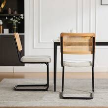 Retro-Style Rattan Dining Chair Set (2 Pieces) / Rattan Backrest Dining Chair / Chenille Seat Cushion / With Black Metal Frame / Suitable For Kitchen, Living Room And Bedroom - Ivory - View 3