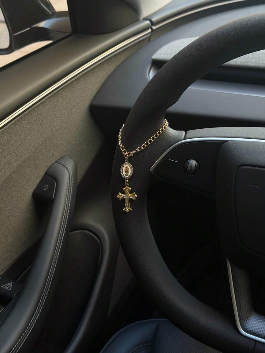 Vintage Rhinestone Virgin Mary Cross Car Hanging Ornament, Luxury Gold Chain Rearview Mirror Pendant, Unique Niche Car Interior Decor - A - View 1