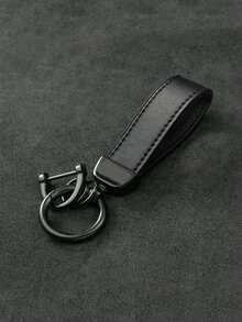1pc Matte Gun Black Metal Business Leather Key Strap, Wear-Resistant PU Leather Car Key Pendant, Detachable Multi-Ring Key Chain - A - View 1