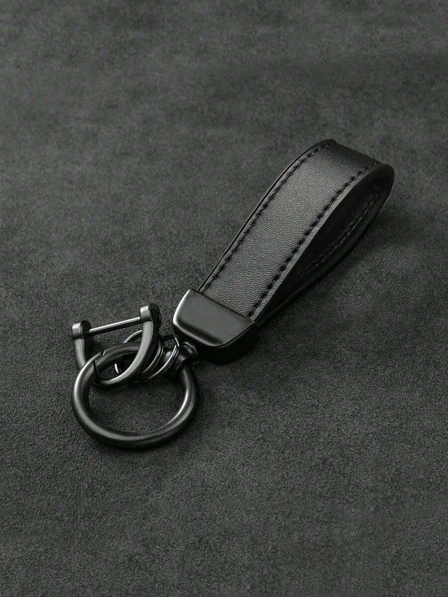 1pc Matte Gun Black Metal Business Leather Key Strap, Wear-Resistant PU Leather Car Key Pendant, Detachable Multi-Ring Key Chain - A - View 1