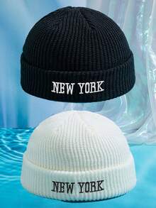 2件組 男士純色百搭 3D刺繡 NEW YORK 針織帽 無帽簷帽，適合秋冬保暖、日常穿著與搭配 - 2 pcs NEWYORK - 查看 17