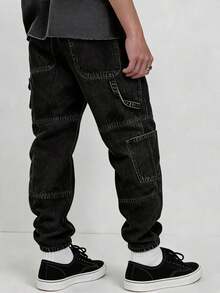 Men's Casual Solid Color Pocket Daily Wear Jeans - Black - View 1