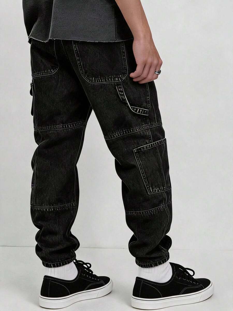 Men's Casual Solid Color Pocket Daily Wear Jeans - Black - View 1