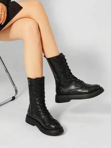 Women's Lace-Up Side Zipper Boots, Thick Sole Motorcycle Boots, Flat Mid-Calf Boots - Black - View 6