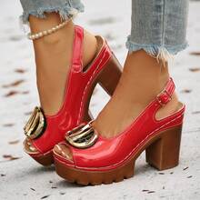 Sandal Hak Tinggi Wanita Warna Polos Gesper Logam Ukuran Lebar Ringan Nyaman Hak Tebal Kasual untuk Perjalanan Sehari-hari Sandal Selop Gaya Pantai Musim Panas Sederhana - Merah - View 3