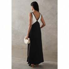 V-Neck Sleeveless Color Blocking Color Clash Swing Dress - 黑色 - 查看 3