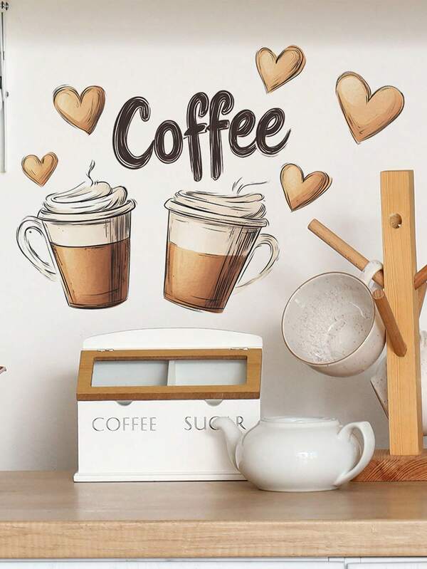 1pc Painted Coffee Cup And Heart Wall Sticker, Suitable For Room Decoration Home Background Beautification Wall Sticker, Home Decor, Wall Decor, Bedroom Living Room Kitchen Dining Room Decor House Decor, Home Decor, School Decor Dorm Decor