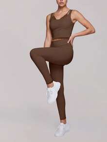 Sodalemon Women's Elastic Waist Yoga Leggings, Contrast Color Lace Solid Color Fitness Bottoms, Running Workout Pants - Brown - View 7