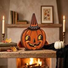 2D Flat New Vintage Halloween Indoor Wooden Block Shelf Decor, Premium Cute Ghost, Pumpkin, Black Cat, Skeleton, Witch And Owl Desktop Ornaments, Rustic Autumn Holiday Decoration, Suitable For Mantel, Desk, Shelf, Living Room, Party Setup And Housewarming Gift, No Electricity Required - A - View 7