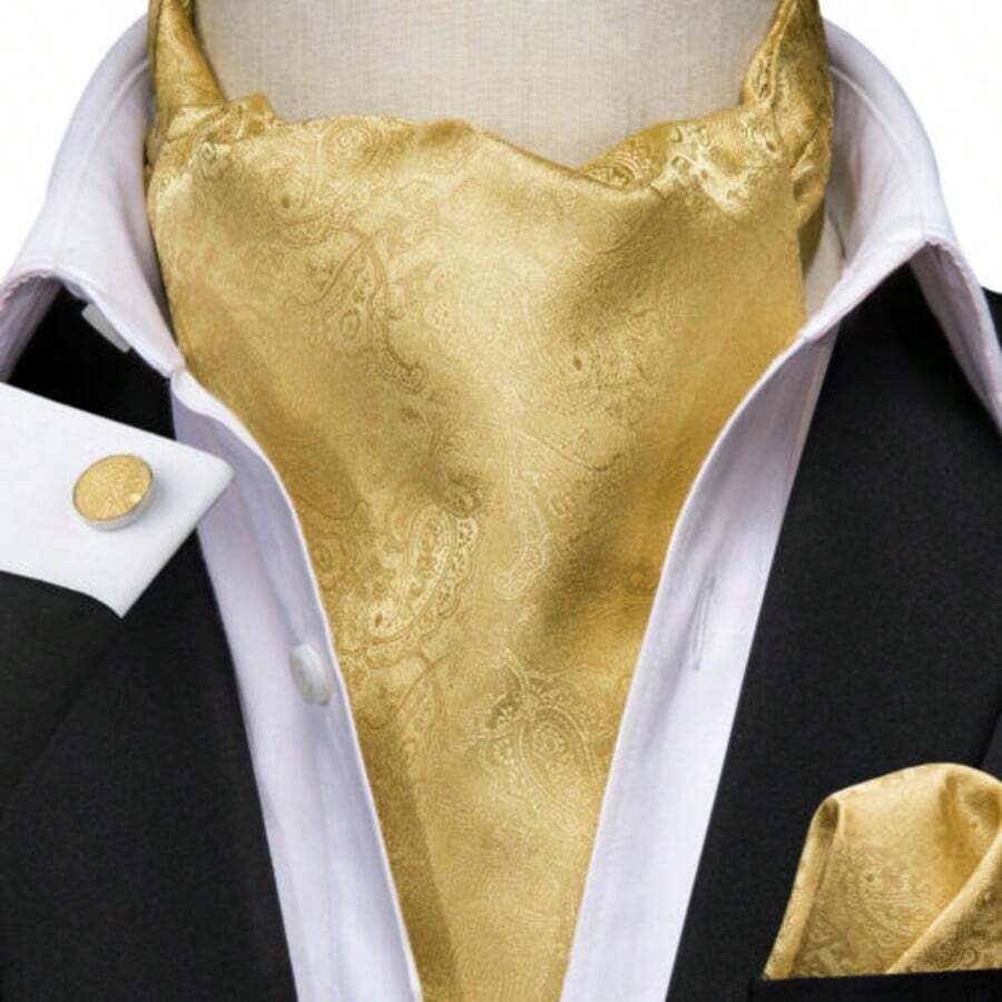 Solid All Gold Subtle Paisley Ascot Cravat Three Piece Matching Set,Mens Wedding Groom Gentleman Formal Accessory Bundle - Yellow - View 1