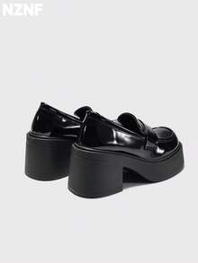 NZNF Women's Solid Color Academy Style PU Shoes With Buckle Strap, Thick Sole And Chunky Heel, Daily Commute Shoes - Black - View 6