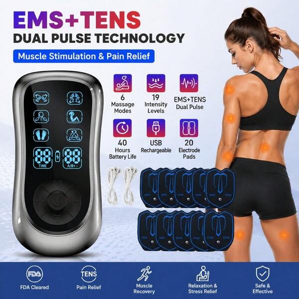 Rechargeable Dual Output TENS EMS Muscle Stimulator Machine,6 Massage Modes 19 Intensity Levels Pulse Therapy Pain Relief Device,300mAh USB Charging Massager With 10 Reusable Washable Electrode Pads For Neck Back Shoulder Waist Leg Home Office