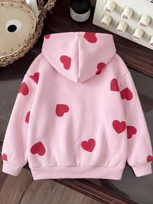 1pc Girls New All-Over Red Heart Print Hooded Sweatshirt, Sweet & Cute Children's Casual Versatile Long Sleeve Pullover Top - Pink - View 2