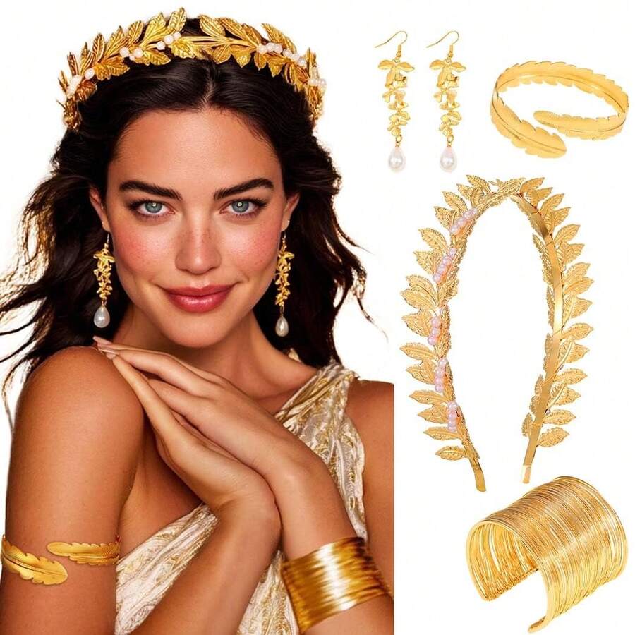 4pcs Greek Goddess Costume Accessories Set, Gold Foil Robe Party Jewelry, Women's,Halloween - Multicolor - View 1