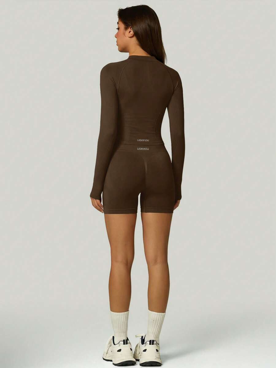 UONNOU 2pcs Women's Spring/Summer Sports Set, Soft Skin-Friendly Long Sleeve Top + Shaping Shorts, Tummy Control Butt Lifting Peach Butt Slim Fit Workout Outfit - Mocha Brown - View 1