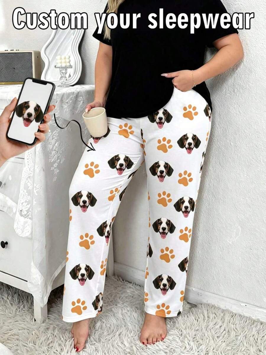1Pc Plus Size Custom Dog Photo Pajama Personalised Pet Paw Women Nightwear Sleepwear Pants Personalised Gift For Wife - White - View 1
