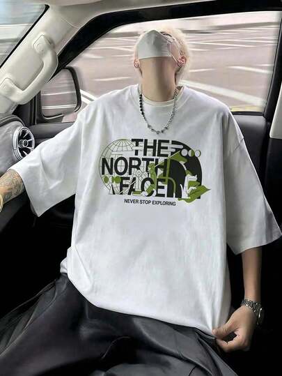 メンズオーバーサイズ半袖 T シャツ 胸元地球模様植物葉緑色英字グラフィックプリント アウトドアトレンドカジュアル夏トップス