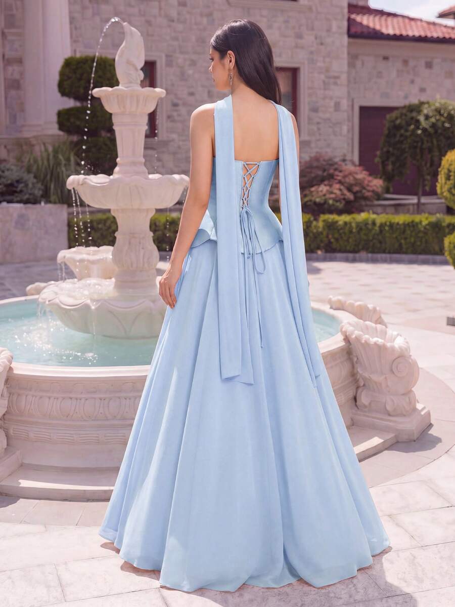 Gaun Malam Satin Chiffon Tanpa Tali Alisa&Leo untuk Remaja, Ikat Belakang, Hem Panjang Hingga Lantai, Cocok untuk Prom, Pesta, dan Acara Jalan-jalan - Baby Blue - View 1