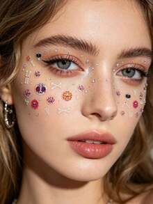 2pcs Mexican Day Of The Dead Colorful Skull Floral Bone Face Makeup Stickers, Waterproof No-Water Exotic Style Party Stage Eye Makeup Decorative Stickers With Flower And Bone Pattern, Music Festival Vintage Personalized Disposable Cheek Styling Stickers - Multicolor - View 3
