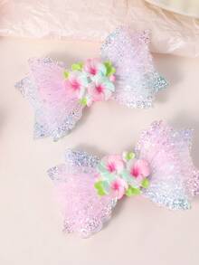 2pcs Glitter Tulle Hair Bows For Girls 3D Colorful Flower Decor Ribbon Alligator Clip Sweet Princess Daily Hair Clips Teens Hair Accessories - Multicolor - View 5