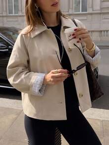 French Single-Breasted Lapel Short Trench Coat, Plaid Color Block Cuffed Sleeve Jacket For Women - Apricot - View 6