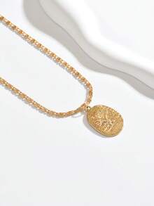 1pc Fashionable Personalized Geometric Engraved Tree Of Life Square Pendant Chain Necklace, Suitable For Women's Daily Commute And Party Wear - Gold - View 2