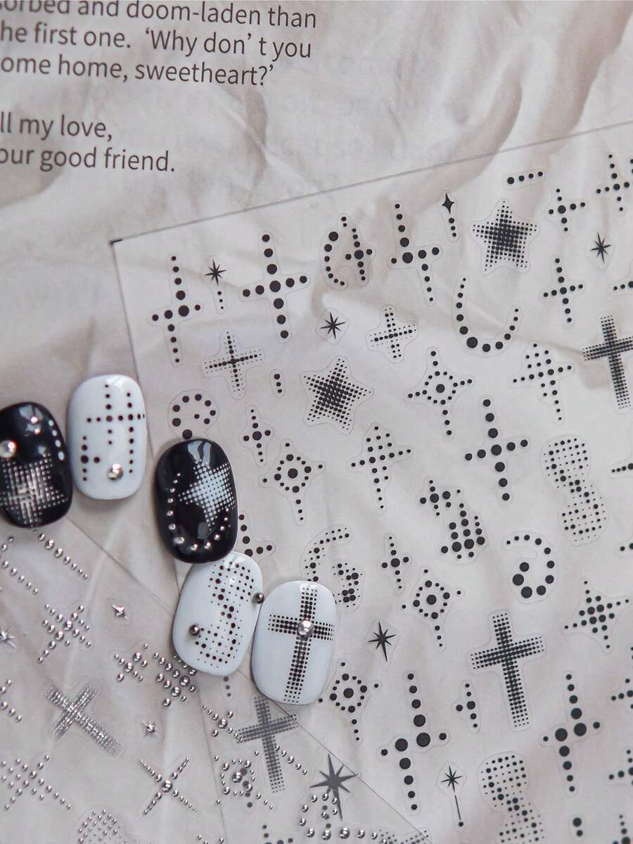 1pc 3D Polka Dot Five-Pointed Star Nail Art Sticker, Matrix Diffused Star Cross, Black White Silver, Self-Adhesive Nail Decoration DIY Sticker Nail Stickers