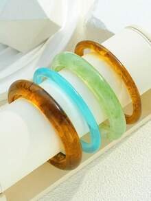 8pcs/4pcs Women's Bracelet Set, Vintage Fashion Elegant Minimalist Daily Basic Old Money Style Blue Brown Green Resin Marbled Plain Bangle, Silver Polished Metal Bangle, Stackable Jewelry, Y2K Multi-Piece Set, Suitable For Women Summer Beach Vacation Party Date Daily Wear, Versatile Accessory, Gift For Girls - Multicolor - View 4