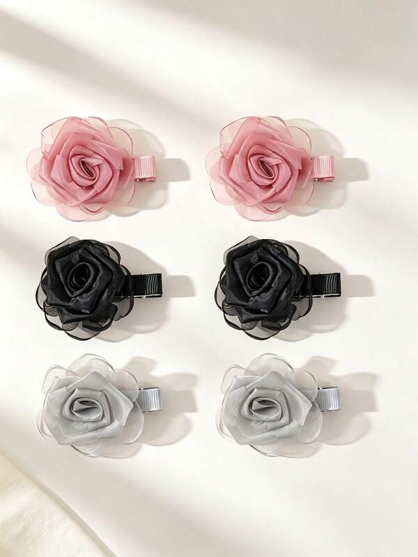 6pcs/Set Mesh Rose Flower Hair Clips, Solid Color Vintage 3D Floral Side Clips, Gentle Atmosphere Versatile Hair Accessories
