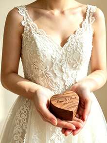 Custom Walnut Wood Ring Box, Engraved With Name And Date, Designed For Proposal And Wedding. Can Hold Two Rings, Features Flip Lid With Magnetic Closure, Perfect Choice For Engagement, Wedding, Anniversary, Valentine's Day - Multicolor - View 3