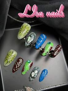 10pcs Handmade Full Coverage Almond Shaped Press-On Nails, Green, Blue, Lime Green Colors, Wild Bold Vintage Y2K Style, Reusable, 4 Sizes Available, Suitable For Party And Daily Wear, Includes Jelly Glue And Nail File - Multicolor - View 3