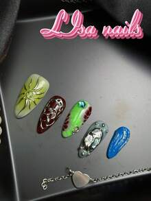10pcs Handmade Full Coverage Almond Shaped Press-On Nails, Green, Blue, Lime Green Colors, Wild Bold Vintage Y2K Style, Reusable, 4 Sizes Available, Suitable For Party And Daily Wear, Includes Jelly Glue And Nail File - Multicolor - View 7