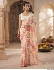 Estationeryhouse Chiffon Saree With Coloured Stripes With Unstitched Blouse - Red - View 1