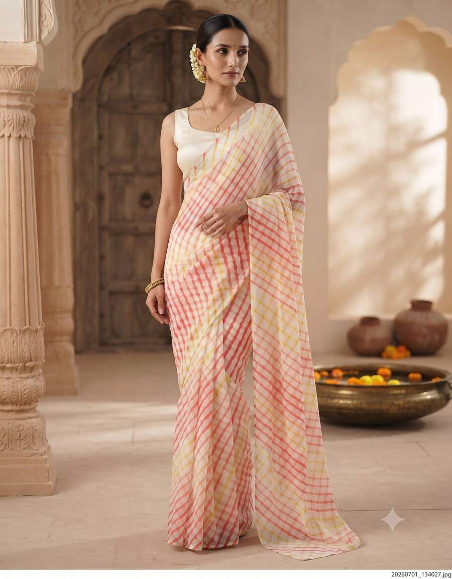 Estationeryhouse Chiffon Saree With Coloured Stripes With Unstitched Blouse - Red - View 1