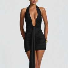 Elegant Vacation Style Backless Neck Wrap Dress - 短款黑色 - 查看 1