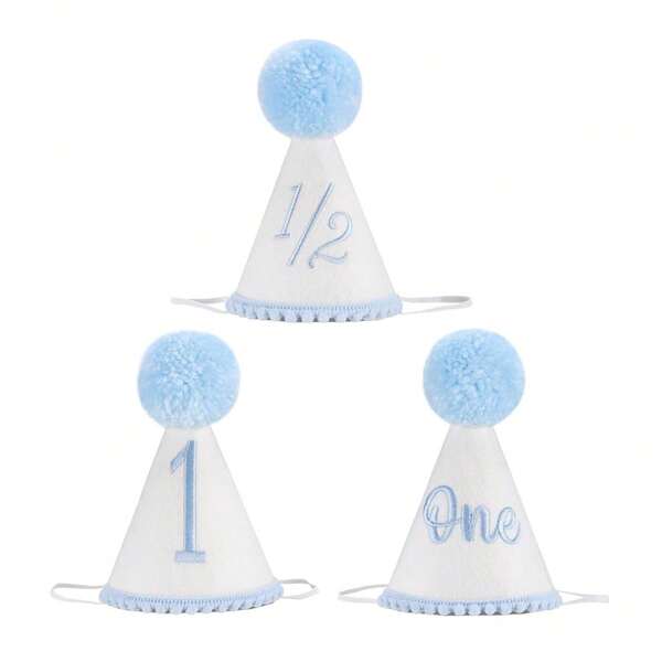 1 Stück weißer & hellblauer Pompon-Filz-Geburtstags-Kegelhut, 1/2 & Nummer 1 bestickter Baby-Partyhut, neutraler Stil 6 Monate & 1 Jahr Geburtstagsthemen-Partyhut, geeignet für Jungen 6 Monate 1 Jahr Kuchen-Smash-Fotorequisiten, Boho-Stil Baby-Meilenstein-Geburtstagsdekoration