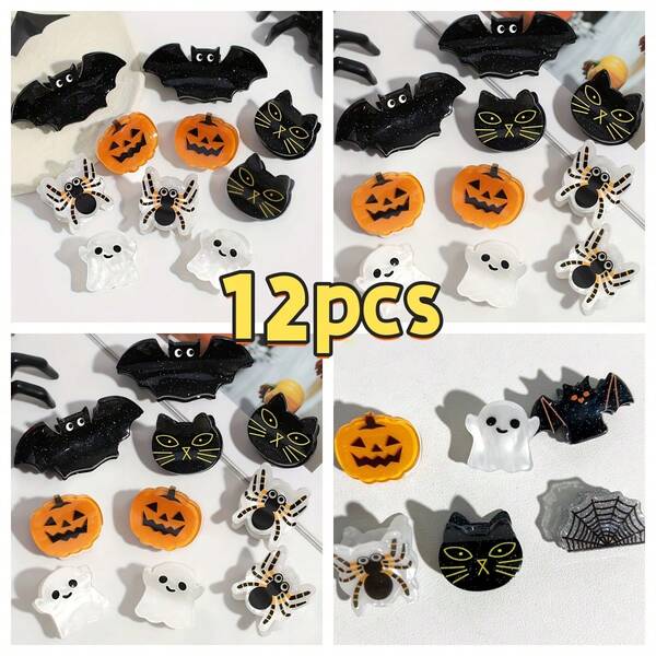 12pcs Halloween Mini Acrylic Hair Clips - Spider, Cat, Bat & Pumpkin Designs, Fantasy Dark Gothic Style, Side Bangs & Back Hair Styling | Party, Daily Wear & Halloween Gift Choice