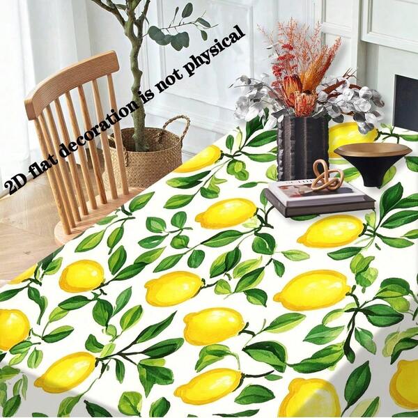 1pc Lemon Floral Tablecloth - Polyester Table Cover, Bright Yellow Lemon With Green Leaf Pattern, Easy Clean Kitchen Dining Room Decor, For Party, Picnic, Home - Lemon Tree Inspired Design, Vibrant Style, Durable Fabric, Event Cloth, Party Tableware