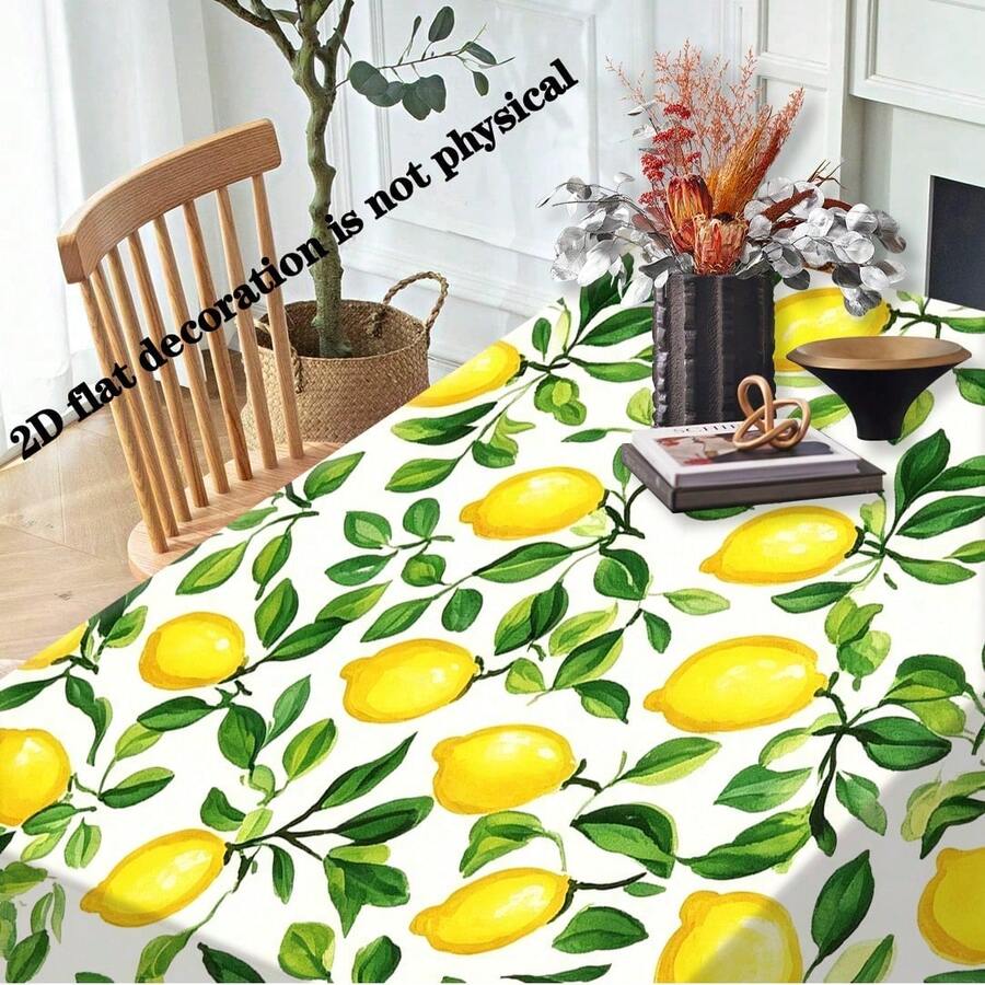 1pc Lemon Floral Tablecloth - Polyester Table Cover, Bright Yellow Lemon With Green Leaf Pattern, Easy Clean Kitchen Dining Room Decor, For Party, Picnic, Home - Lemon Tree Inspired Design, Vibrant Style, Durable Fabric, Event Cloth, Party Tableware - Multicolor - View 1
