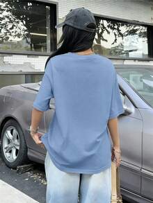 2026 Summer Women's Custom Loose-Fit Light Blue Cotton Top, White Handwritten Letter Print On Front, Light Luxury Style - Light Blue - View 2