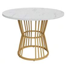 Dining Table Set (5-Piece), Dining Table Set With 4 Chairs, Kitchen Table Set, Round Dining Table With 100 Cm Diameter And Gold Metal Legs, White MDF Tabletop, Dining Chairs In Dark Grey Velvet - 彩色 - 查看 7